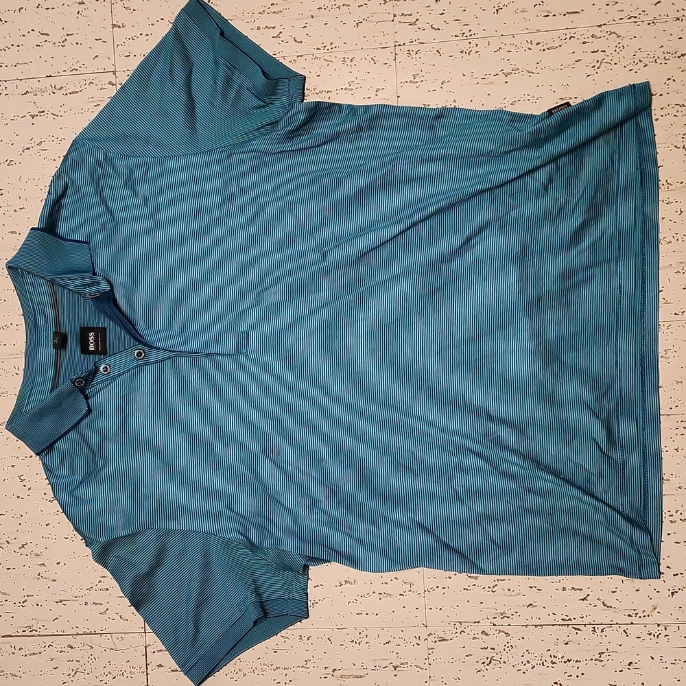 Hugo Boss Blue Two Tone 1/4 Button Down Stripe Casual Polo Dress Shirt